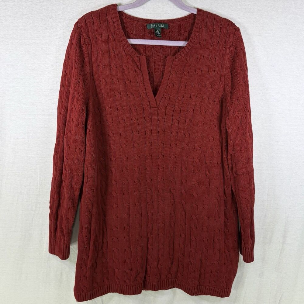 Lauren Ralph Lauren Sweater Red Pullover Women's 1X Knit V-Neck Tunic